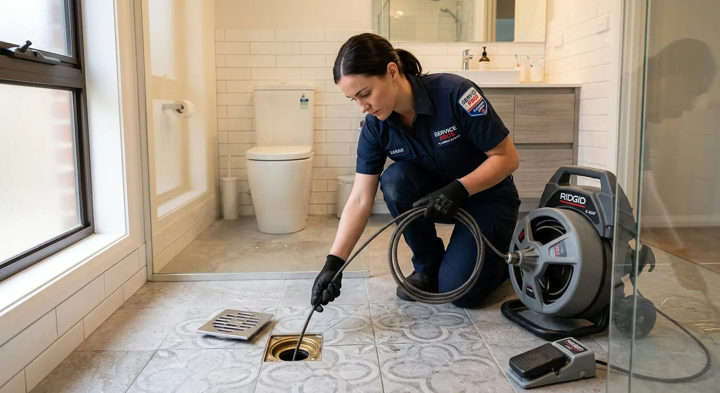 Technician clearing a bathroom floor drain for Hydro Jetting in Upper Deerfield